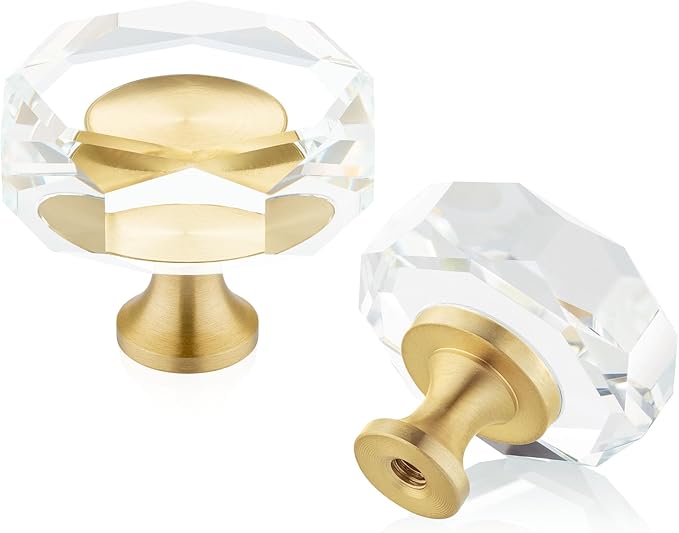 QOGRISUN 5-Pack Brass Crystal Cabinet Knobs,Glass Crystal Gold Drawer Knobs,1-1/4-Inch Polygon,Decorative Dresser Pulls, Modern Cabinet Hardware