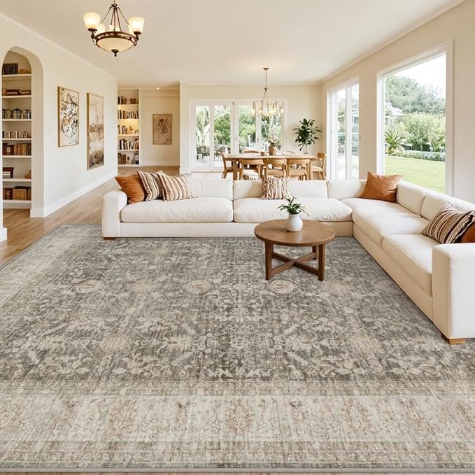 10x14 Area Rugs Living Room: Bedroom Washable Carpet Warm Taupe | Vintage Boho by Luxturiy