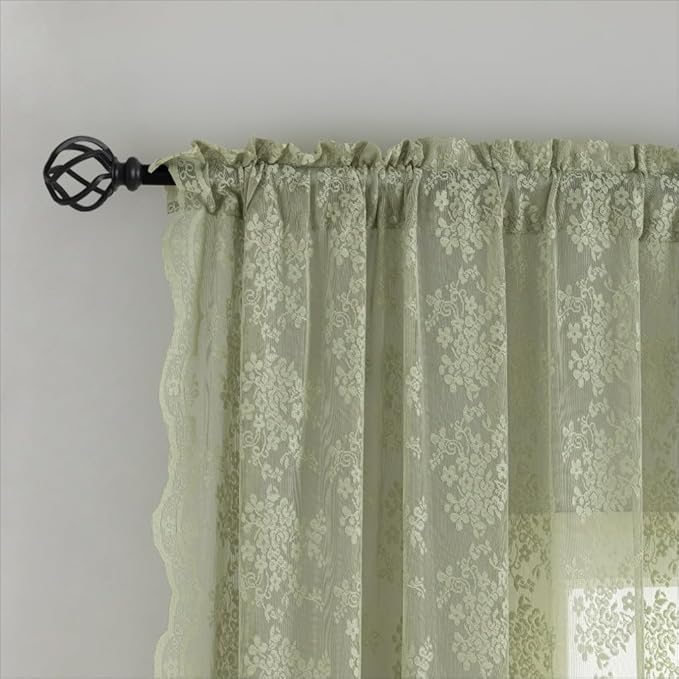 YJ YANJUN Vintage Lace Curtains 72 Inches Long- Floral Pattern Sage Green Sheer - Image 4