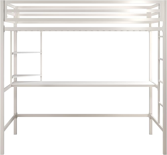 Novogratz Maxwell Metal Twin Loft Bed with Desk & Shelves, Off White/Off White