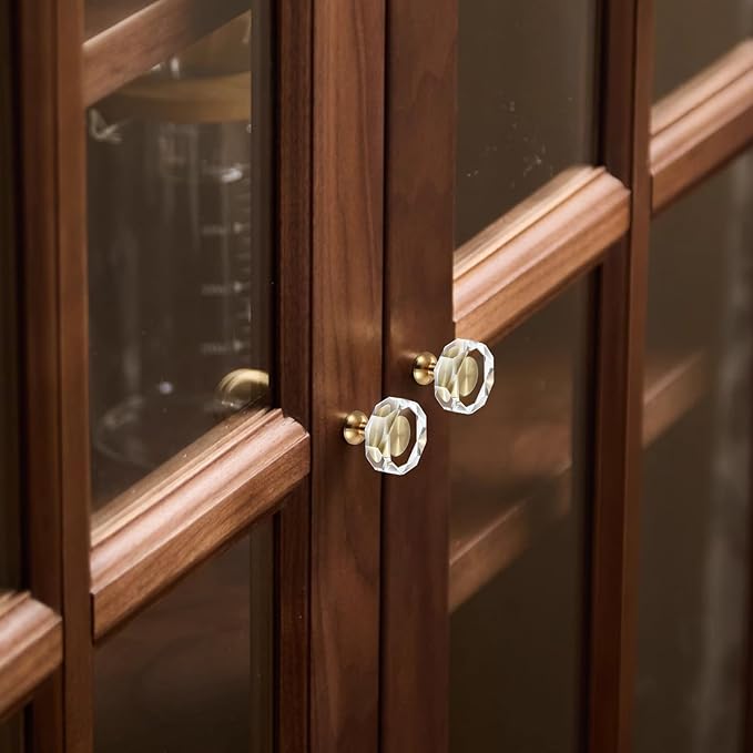 6-Pack 1-1/4-Inch White Cabinet Glass Crystal Patterned knob Brass Drawer Dresser Pulls, Gold Hardware Kitchen Closet knobs for Bifold Doors