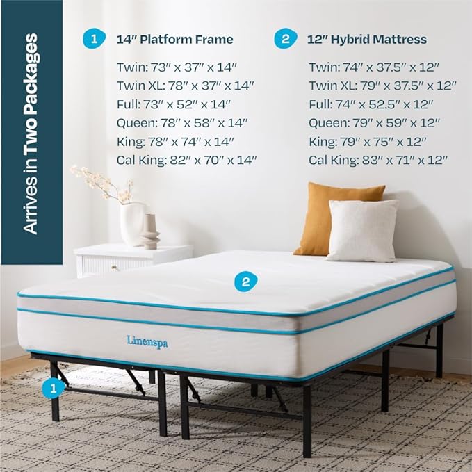 Linenspa 12” Memory Foam and Innerspring Hybrid Mattress + 14” Black Metal Platform Bedframe – Twin XL Mattress + Metal Folding Twin XL Bedframe