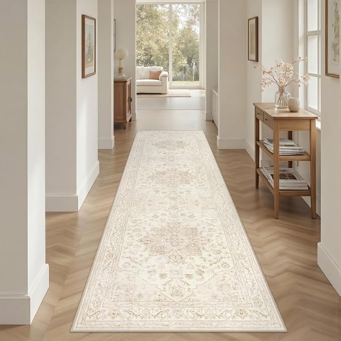 2'6''x8' Hallway Washable Runner Rug: Kitchen Carpet Beige White | Vintage Boho - Image 8