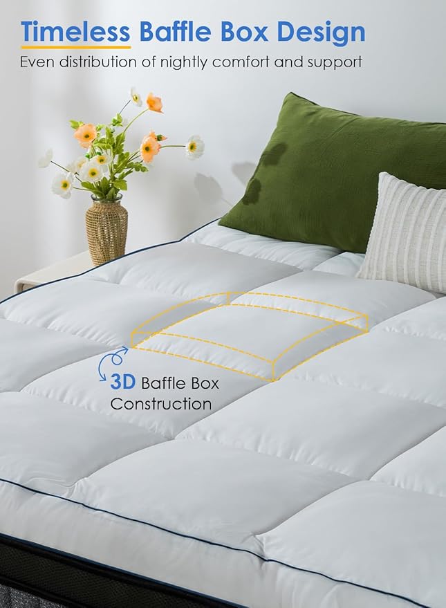QUEEN ROSE Mattress Topper Queen, Pillow Top Extra Thick Mattress Bed Cover Topper, Soft Baffle Box Overfilled Down Alternative for Back Pain, 4 Corner Straps, White