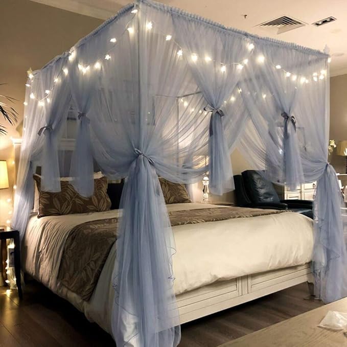 Joyreap 4 Corners Post Canopy Bed Curtain for Girls & Adults - Royal Luxurious Cozy Drape Netting - Cute Princess Bedroom Decoration (Gray-Blue, Full/Queen)