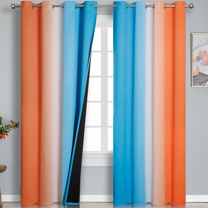 Ombre Orange and Blue Blackout Curtains 52Wx84L Inch Long | Gradient Curtains by ESTELARTEXTILER