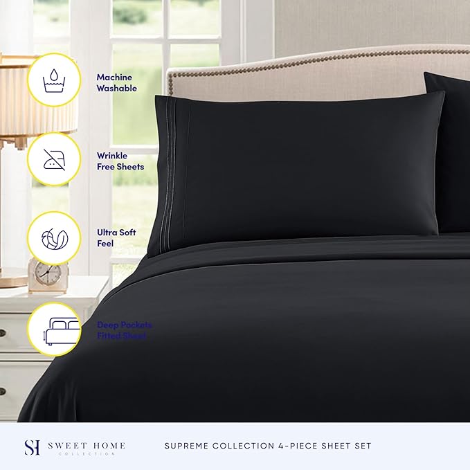 Queen Size Bed Sheets - Breathable Luxury Sheets with Full Elastic & Secure Corner Straps Built In - 1800 Supreme Collection Soft Deep Pocket Bedding, Sheet Set, EXTRA DEEP pocket - Queen, Black