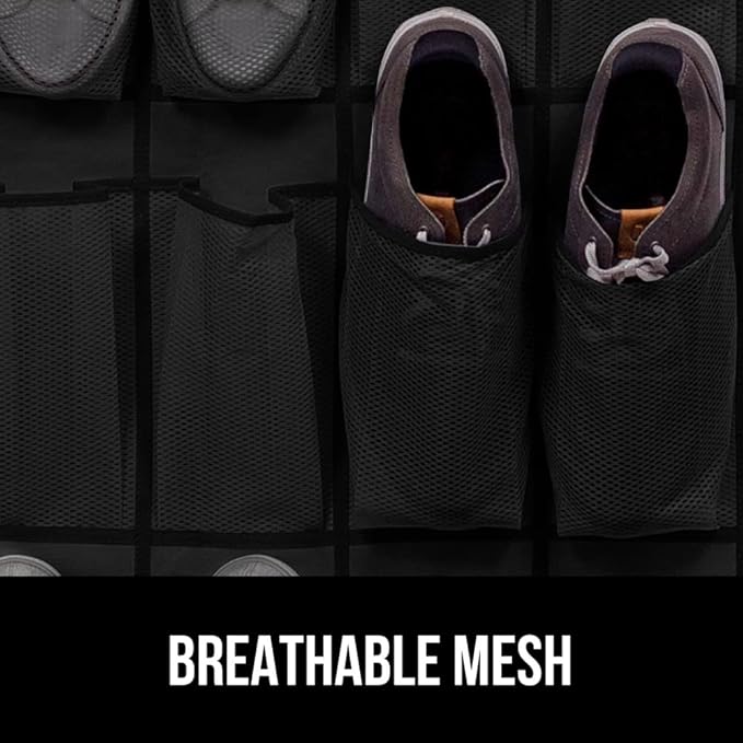 GORILLA GRIP Over the Door Shoe Organizer, 24 Extra Large Breathable Mesh Pockets, Space Saving Hanging Storage Holder, 4 Hook Closet Rack Hanger, Hangs on Closets for Shoes and Accessories, Black