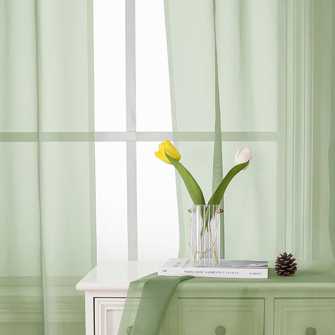 Light Green Sheer Curtains 54 Inch Length 2 Panels, Voile Bedroom Curtains - Image 3