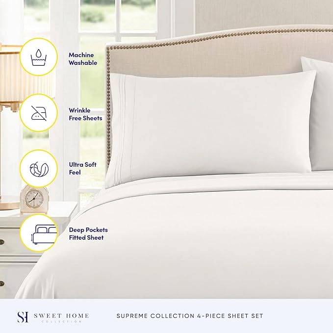 California King Sheet Sets - Breathable Luxury Sheets with Full Elastic & Secure Corner Straps Built In - 1800 Supreme Collection Deep Pocket Bedding, Sheet Set, EXTRA DEEP pocket - Cal King, Ivory