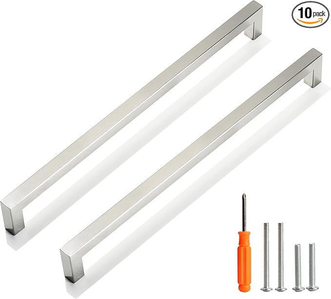 Cabinet Pulls Brushed Nickel Cabinet Handles Square Drawer Pulls, 10 Pack 12-3/5 Inch Stainless Steel Kitchen Door Cupboard Cabinet Handles, Cabinet Hardware Handles, 320mm Hole Centers