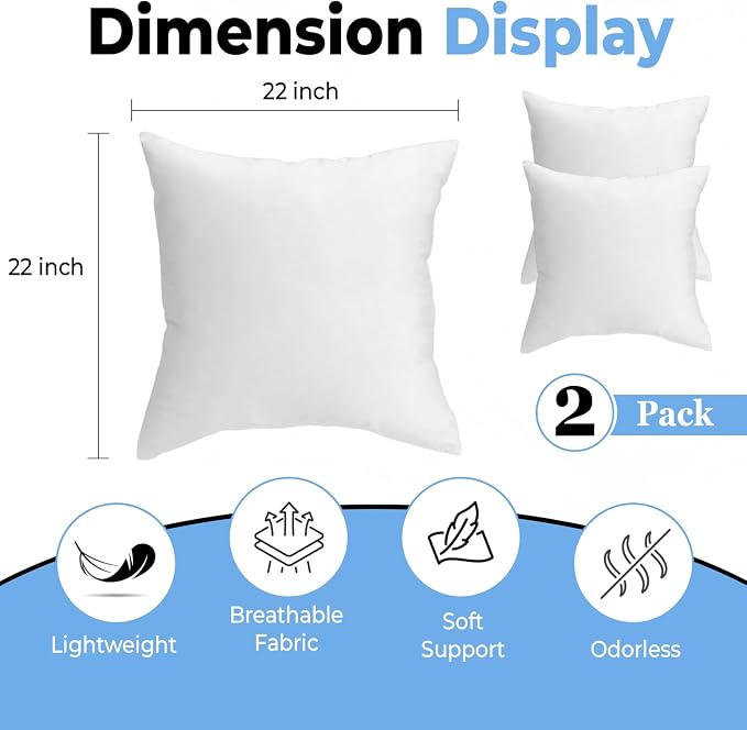 QUBA LINEN Throw Pillow Inserts, 22x22 Inches - Image 2