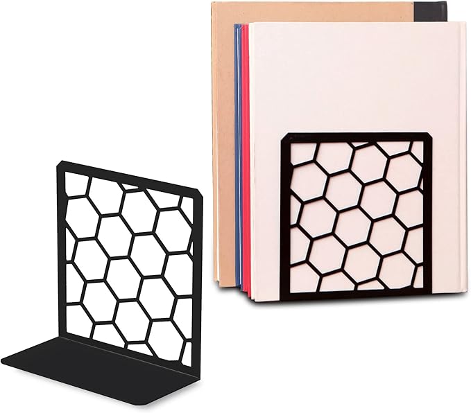 GEOMOD Geometric Honeycomb Black Metal Bookends Decorative - Tall Sturdy Book Ends for Shelves - Modern Heavy Duty Bookend Stopper - Office or Home Book Shelf Book Holder - 6x3.25x6.25 Inches - 2 Pair