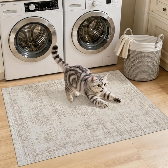 Washable Area Rugs 2x3: Neutral Living Room Bedroom Carpet Brown | Vintage Boho - Image 2