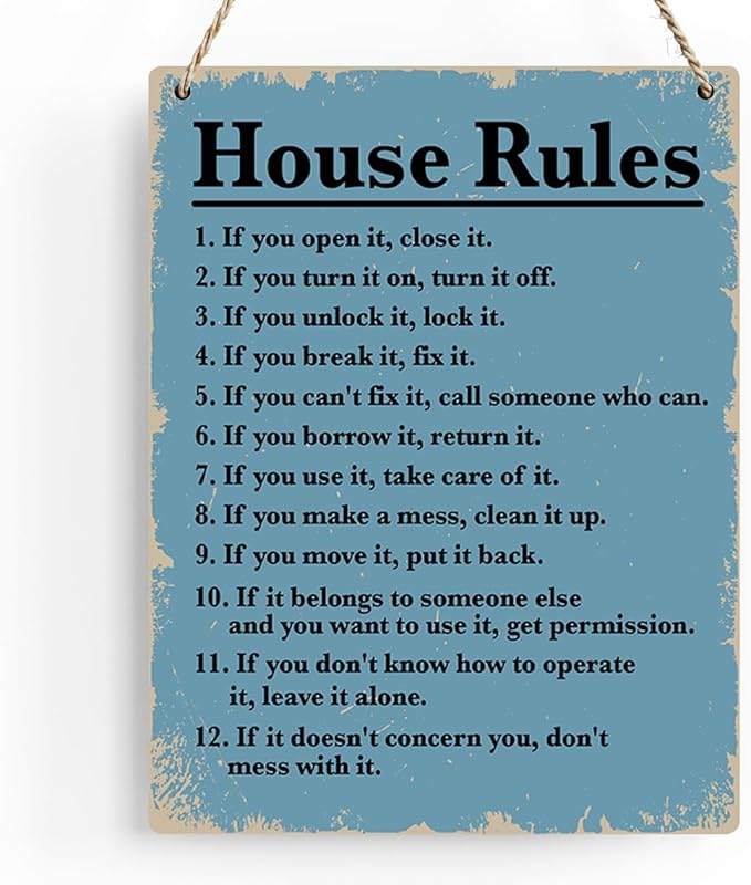 House Rules Wooden Hanging Sign, Farmhouse Living Room Home Decor Wall Art, Inspirational Family Quote, 8 x 10 Inches