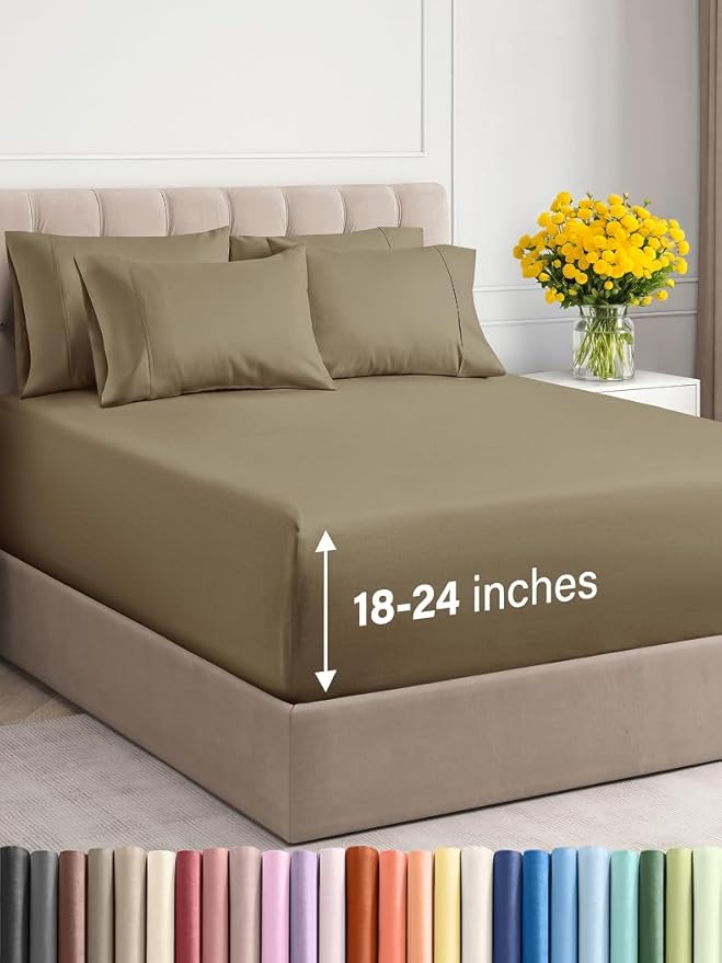 Extra Deep Cal King Sheet Set - 6 Piece Breathable & Cooling Sheets - Hotel Luxury Bed Sheets Set - Easy & Secure Fit - Soft, Wrinkle Free & Comfy Sheets Set - Khaki Sheet Set with Extra Deep Pockets