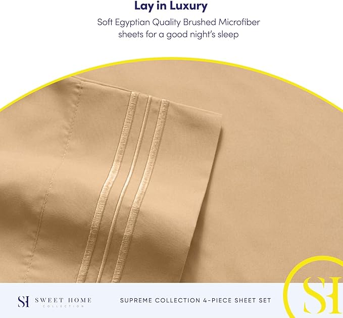 RV Queen Bed Sheets - Breathable Luxury Sheets with Full Elastic & Secure Corner Straps Built In - 1800 Supreme Collection Extra Soft Deep Pocket Bedding Set, Sheet Set, RV Short Queen, Camel