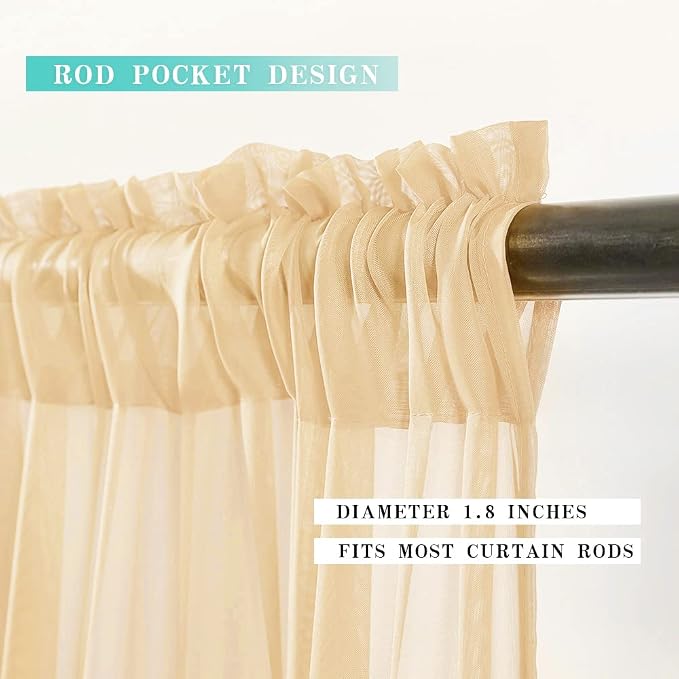 MIULEE Cream Beige Short Sheer Curtains 2 Panels, 29 x 30 Inches | Rod Pocket - Image 2