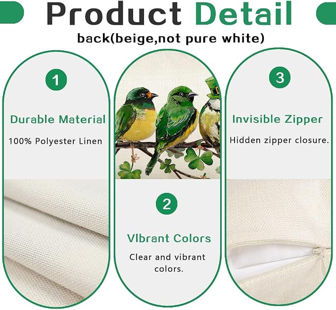 RABUSOFA St.Patricks Day Pillow Covers 12x20 Inch, Birds Shamrock St Patricks - Image 6