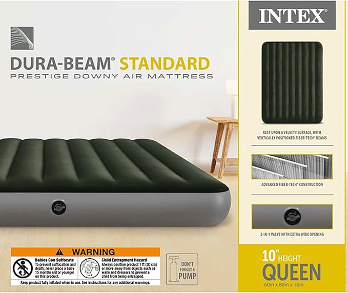 Intex 64109E Dura-Beam Standard Prestige Air Mattress: Fiber-Tech – Queen Size – 10in Bed Height – 600lb Weight Capacity – Pump Sold Separately (Pack of 3)