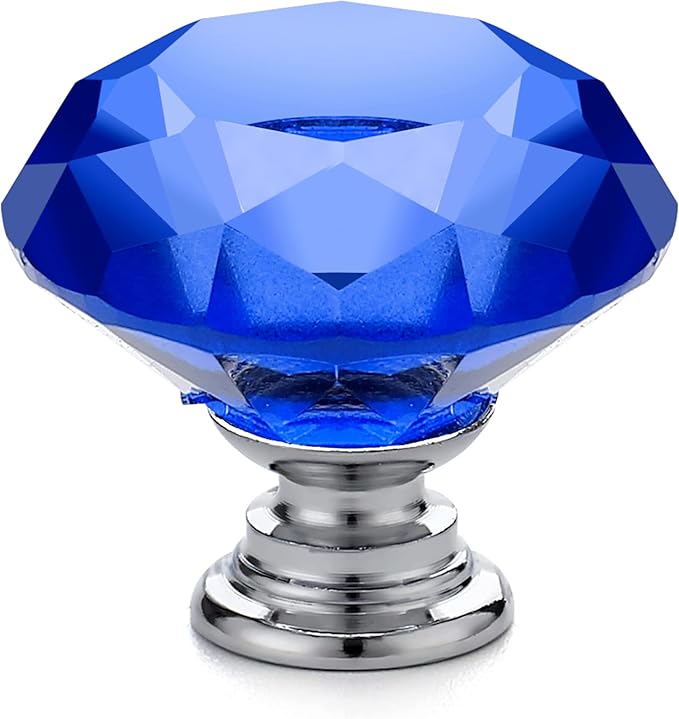 Ravinte 10 Pack Blue Crystal Glass Cabinet Knobs - 30 mm Diamond Shaped Drawer Pulls With Silver Base for Dresser