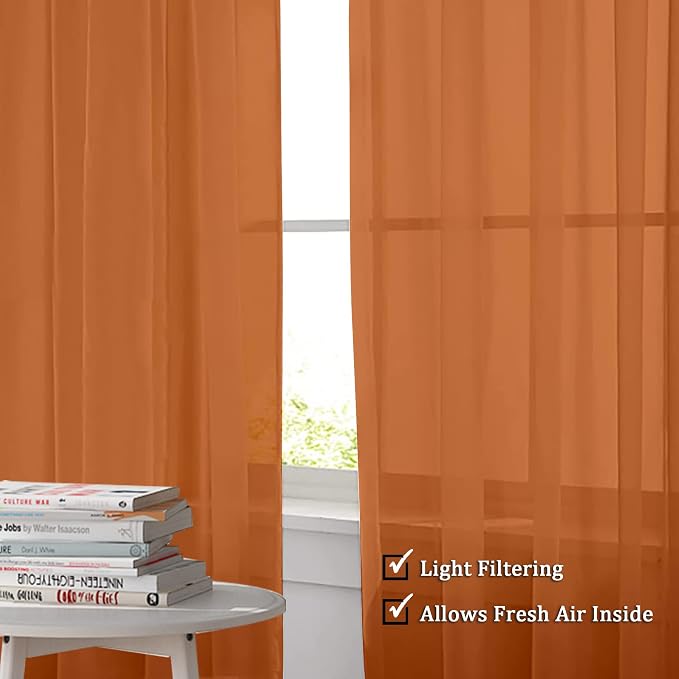 Sheer Orange Curtains, Sheer Curtains 84 inch Length 2 Panels Set, Rod Pocket - Image 2