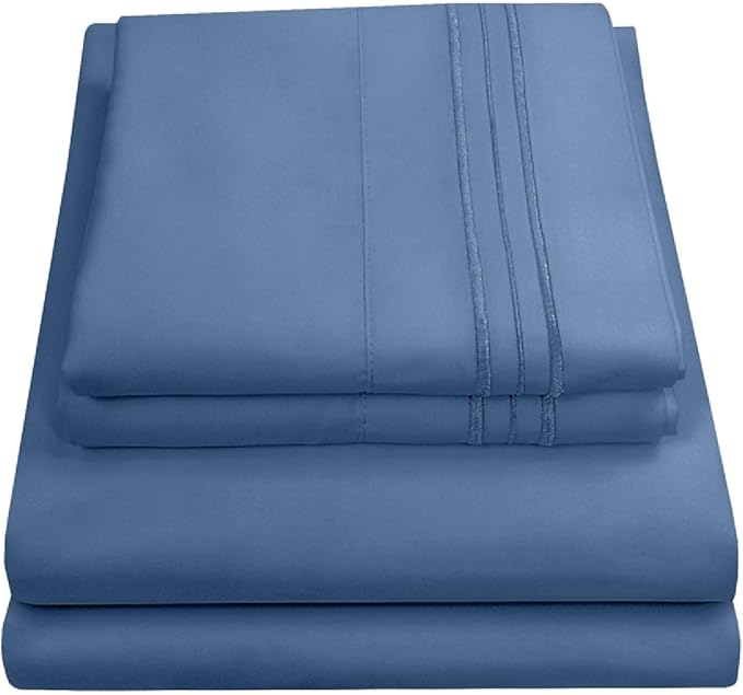 RV Queen Bed Sheets - Breathable Luxury Sheets with Full Elastic & Secure Corner Straps Built In - 1800 Supreme Collection Extra Soft Deep Pocket Bedding Set, Sheet Set, RV Short Queen, Denim