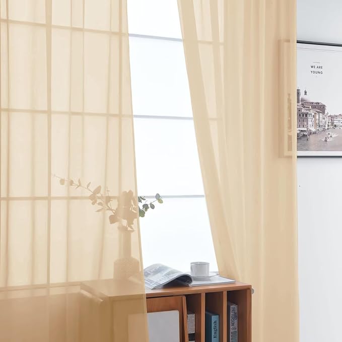 SpaceDresser Basic Rod Pocket Sheer Voile Window Curtain Panels Apricot 1 Pair - Image 3