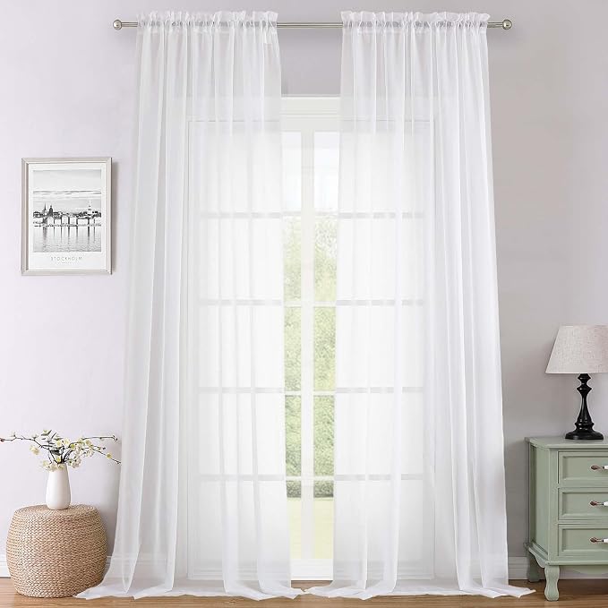 White Sheer Curtains 120 Inches Long 2 Panels, Extra Wide Farmhouse Elegant by Lecloud
