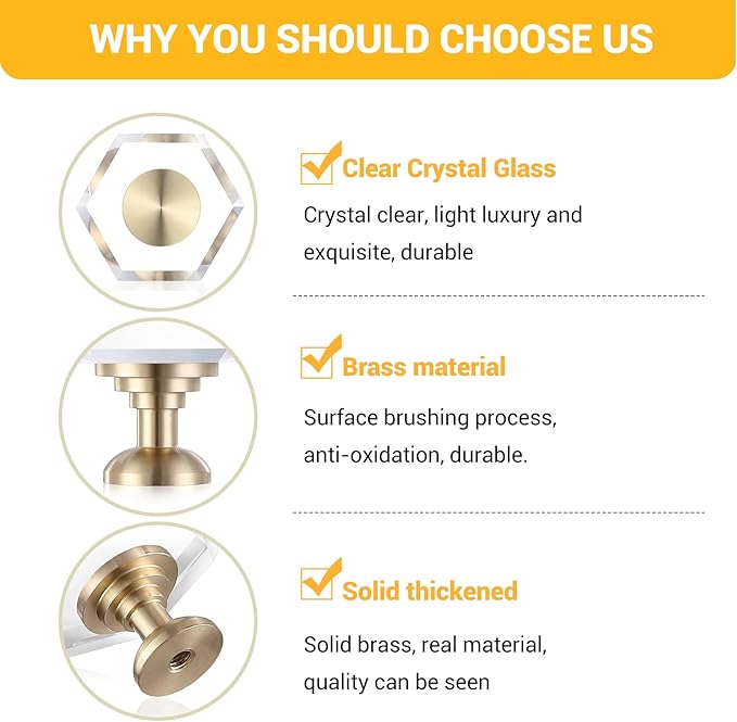 6-Pack Brass Base Crystal Drawer Knobs,Glass Crystal Gold Cabinet Knobs,1-5/16-Inch Hexagon,Kitchen Hardware Pulls, Modern Bathroom Hardware knob