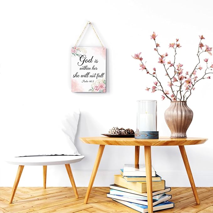 Inspirational Decor God is Within Her She Will Not Fall Psalm 46:5 Christian Gifts for Women Bible Verse Wall Art Scripture Wooden Hanging Sign for Kids Room Bathroom Bedroom Decor 8 x 10 Inches