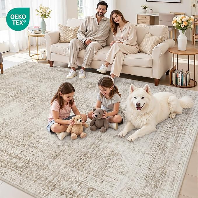 10x14 Area Rugs Living Room: Bedroom Neutral Washable Carpet Brown | Vintage - Image 7