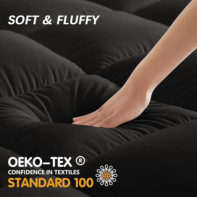 CYMULA Mattress Topper Full XL, Black Mattress Topper Pad Cover, Pillow Top Mattress Toppers with Deep Pockets, Plush Down Alternative Fill Mattress Protector