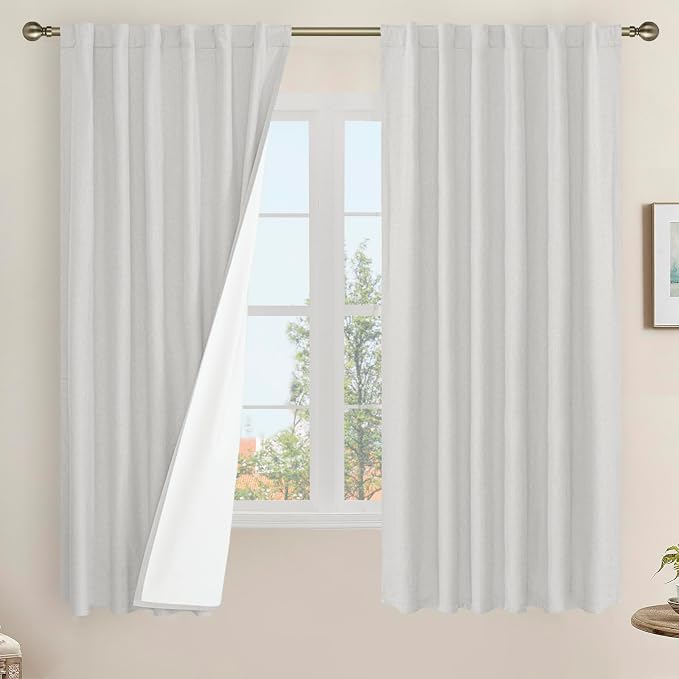 Light Grey 100% Blackout Linen Bedroom Curtains 63 Inches 2 Panels | Linen by LAMIT