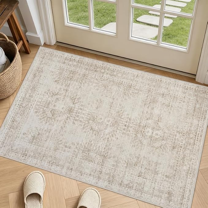 Washable Area Rugs 2x3: Neutral Living Room Bedroom Carpet Brown | Vintage Boho by Luxturiy