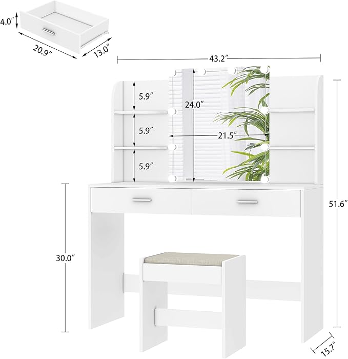 usikey Vanity Desk with Mirror and Lights, Makeup Vanity Set with 2 Drawers and Open Shelves, Makeup Vanity Desk Dressing Table with Cushioned Stool and 10 LED Lights, White