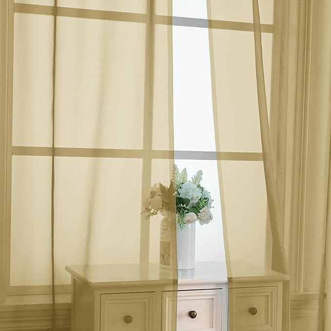 Chyhomenyc Gold Sheer Curtains 45 Inch Long 2 Panels, Short Voile Drapes for Dinning Small Windows Bathroom Living Room Bedroom, Rod Pocket, 42Wx45L Inches