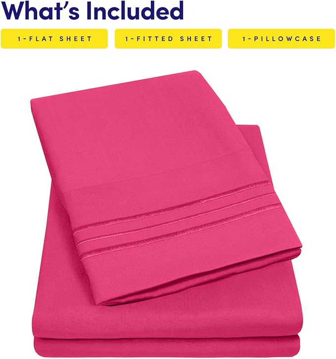 Sweet Home Collection Twin XL Size Sheet Set with Built-in Sheet Straps - Deep Pocket Fitted Sheet, Flat Sheet & Pillowcases - Soft, Wrinkle-Free, Secure Fit - Fuschia