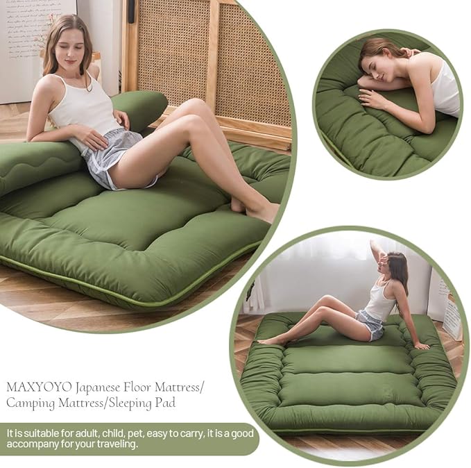MAXYOYO Japanese Futon Mattress Twin Size Floor Mattress, Thicken Tatami Mat Sleeping Pad Roll Up Mattress Floor Bed Folding Couch Bed Mattress Pad for Guest Room, Green, Twin