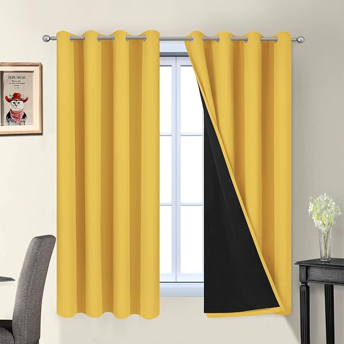 Yakamok Mustard Yellow Blackout Curtains Panels 63 Inches Long, 2 Thick Layers by Yakamok