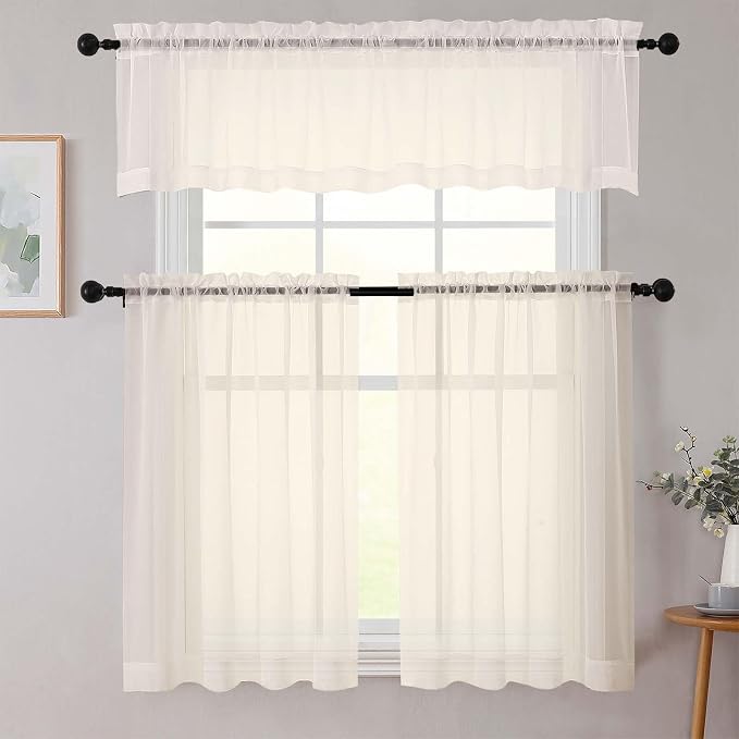 Kitchen Curtains 24 Inch Length Tier 2 Pieces, Cream Sheer Curtain Solid Soft - Image 7