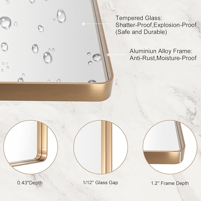LOAAO 60”X30” Gold Bathroom Mirror, Rounded Rectangle Gold Frame Mirror, Brushed Gold Bathroom Vanity Mirror Wall-Mounted, Anti-Rust, Tempered Glass, Hangs Horizontally or Vertically