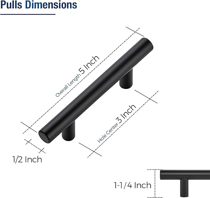 JOY DECOR 45 Pack Cabinet Handles, Black Cabinet Pulls, 3 in Hole Center Kitchen Hardware, Stainless Steel T Bar Handles for Dresser Drawers
