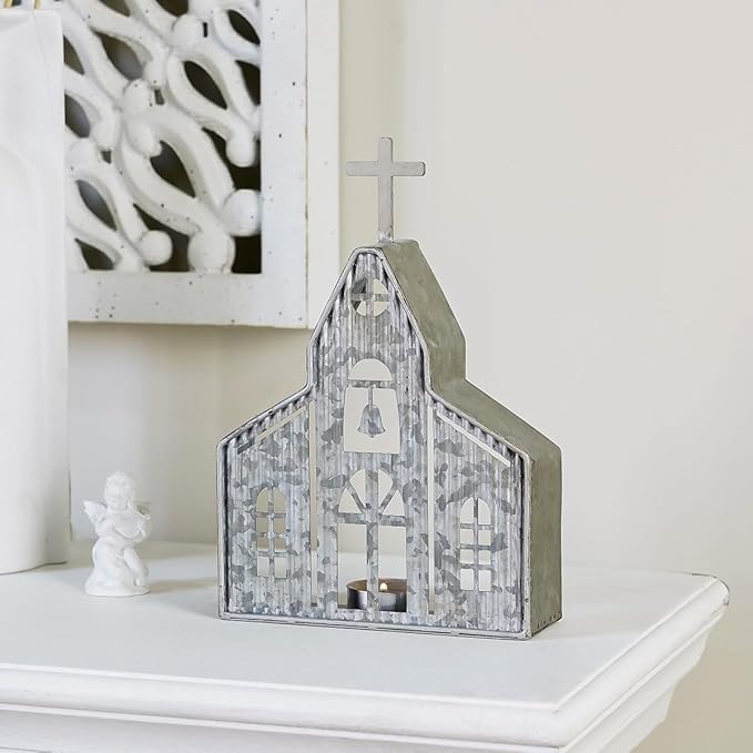 Church Shaped Tea Light Candle Holder Farmhouse Galvanized Metal Candle Holder Vintage Decorative Tealight Holder for Table Centerpiece Decoration - 6.22" x 1.97" x 9.25"
