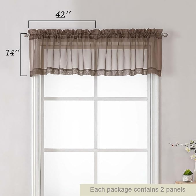 Chocolate Valances for Windows, Sheer Curtains 14 Inch Length 2 Pack Kitchen - Image 2