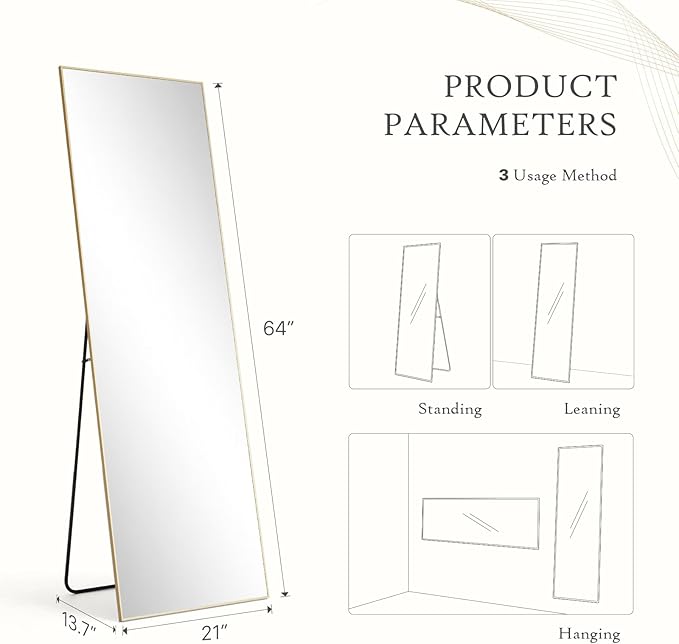 DUMOS Wall-Mounted Full Length Mirror 21"x 65" for Bedroom, Full Body Floor Mirror with Stand, Hanging or Leaning for Wall, Gold