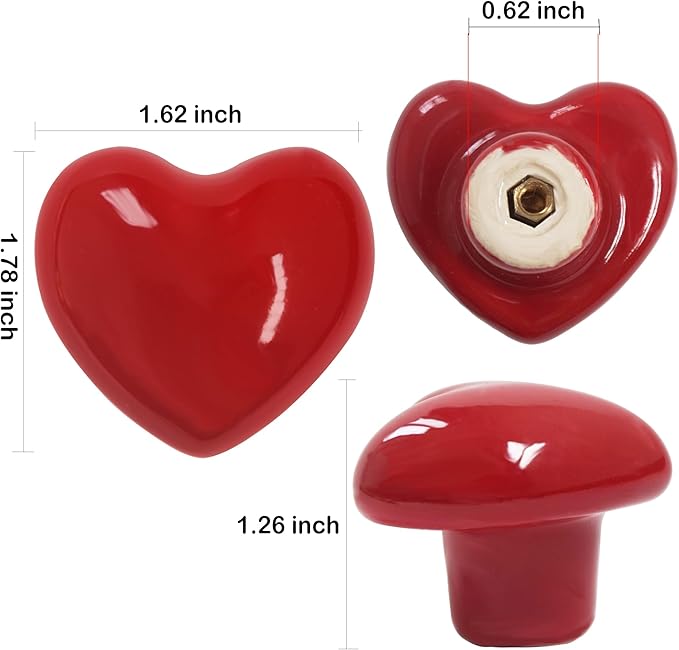 Heart Ceramic Dresser Drawer Knobs Heart Shape Cabinet Dresser Pulls Handles with 3 Sized Screws Kitchen Furniture Knobs (Red, 6 Pack)