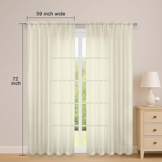 Cream Sheer Curtains 72 Inches Long 2 Panels Set, Transparent Voile Sheer - Image 2