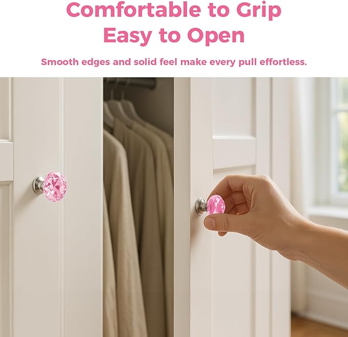 DEELF 25 Packs Kitchen Cabinet Knobs, 30 mm Crystal Cabinet Knobs, Diamond Dresser Handle Drawer Pulls, Dresser Knobs for Cabinets and Drawers, Pink