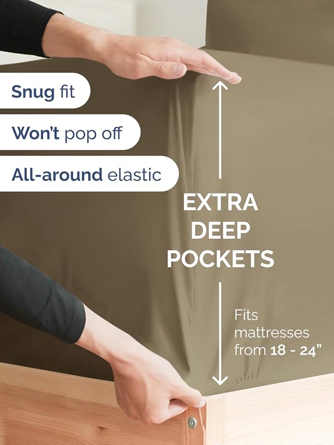 Extra Deep Split King Sheet Set - 7 Piece Breathable & Cooling Sheets - Hotel Luxury Bed Sheets Set - Easy & Secure Fit - Soft, Wrinkle Free & Comfy Sheets Set - Khaki Sheet Set w/Extra Deep Pockets